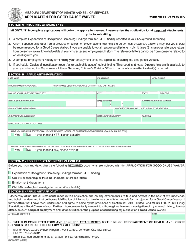 Application For Good Cause Waiver screenshot