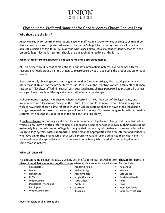 Chosen Name, Preferred Name AndOr Gender Identity Change Request Form screenshot