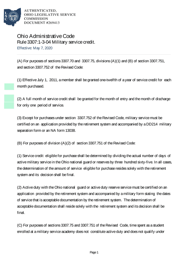 Ohio Administrative Code Rule 33071 3 04 Military Service Credit screenshot