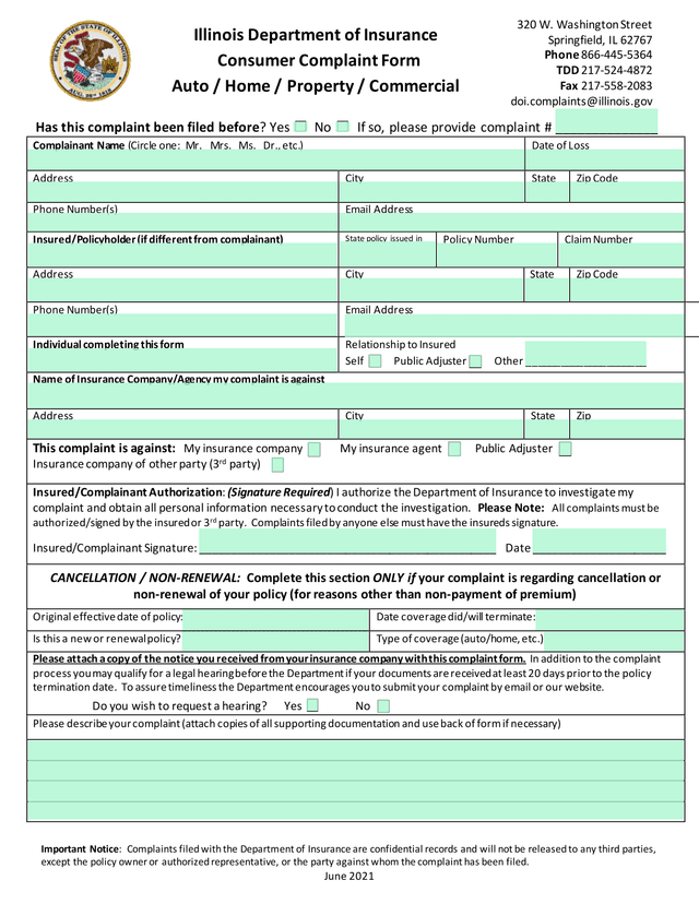 Illinois Department Of Insurance Consumer Complaint Form screenshot