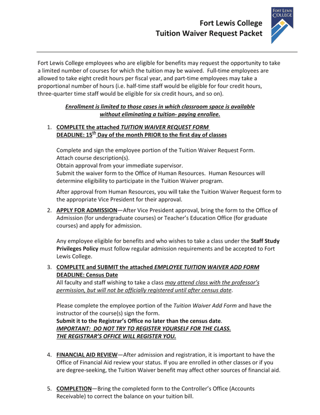 Fort Lewis College Tuition Waiver Request Packet screenshot