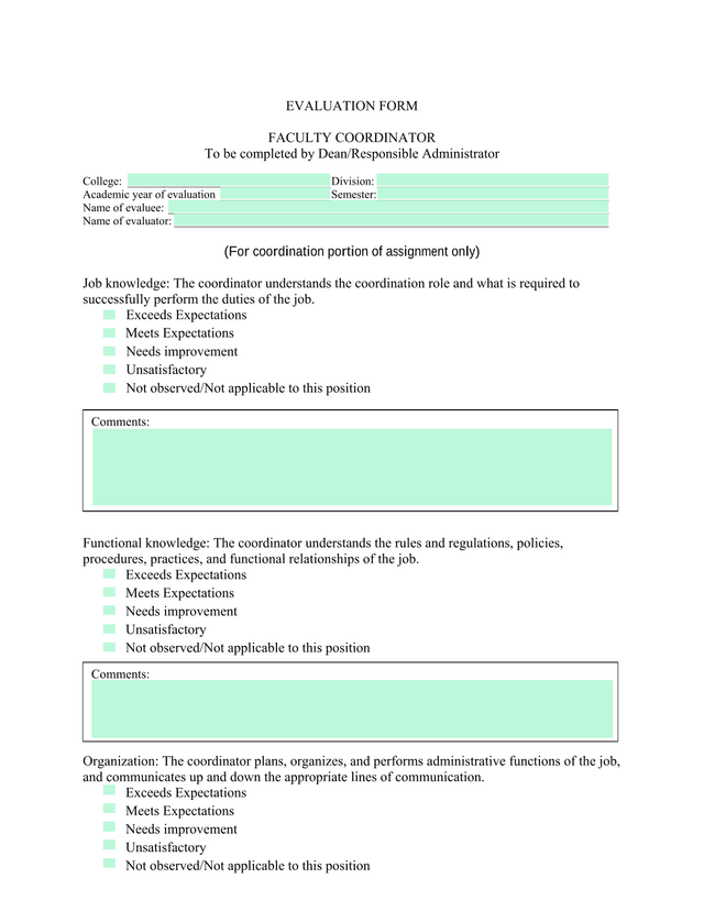 EVALUATION FORM FACULTY COORDINATOR screenshot