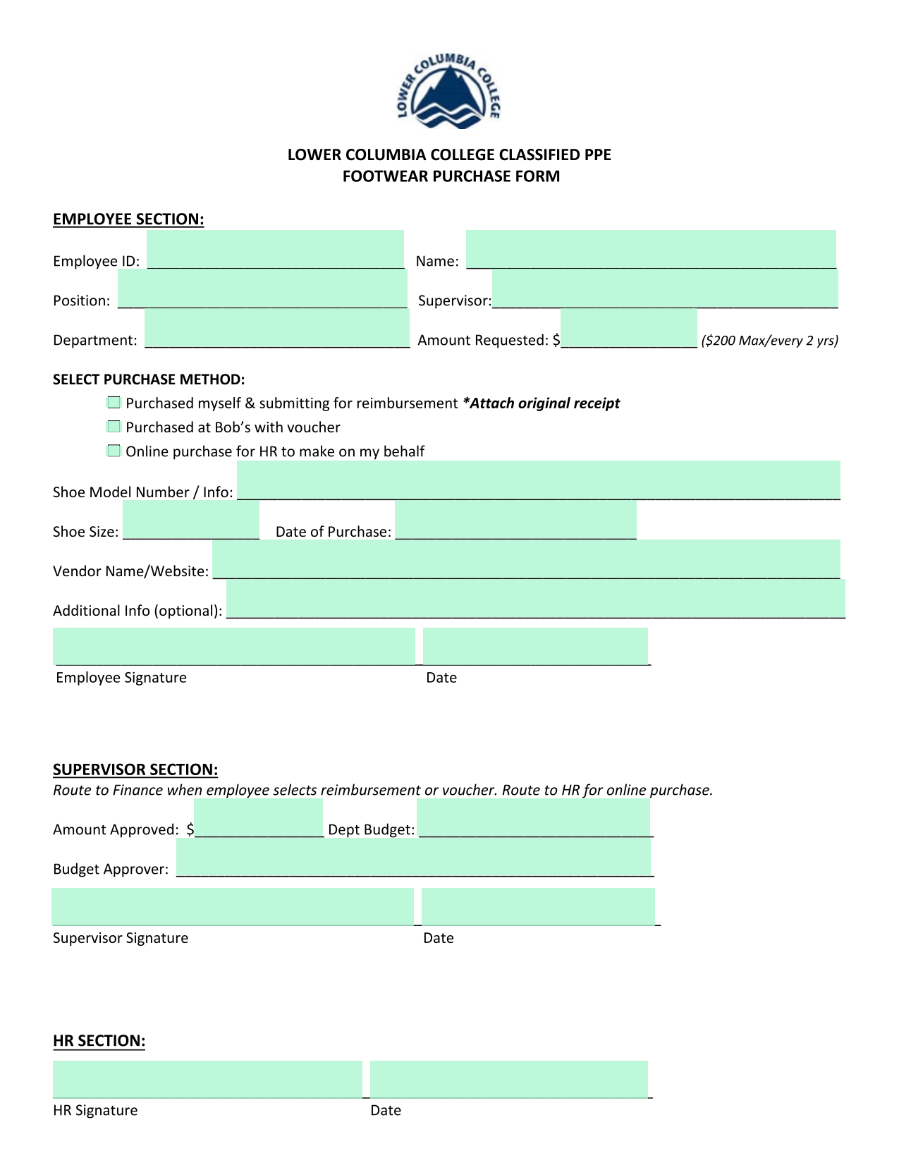 LOWER COLUMBIA COLLEGE CLASSIFIED PPE FOOTWEAR PURCHASE FORM screenshot