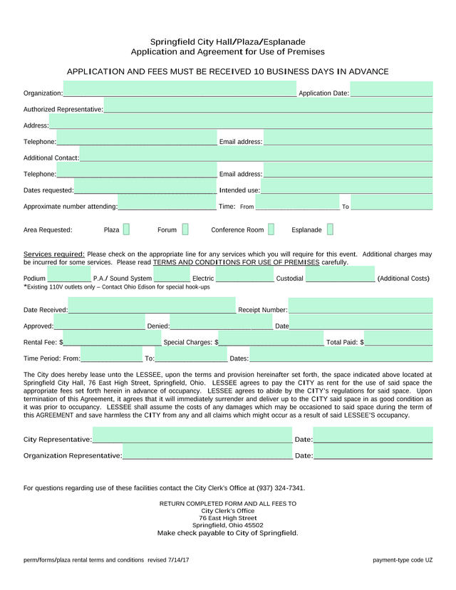 Application And Agreement For Use Of Premises screenshot