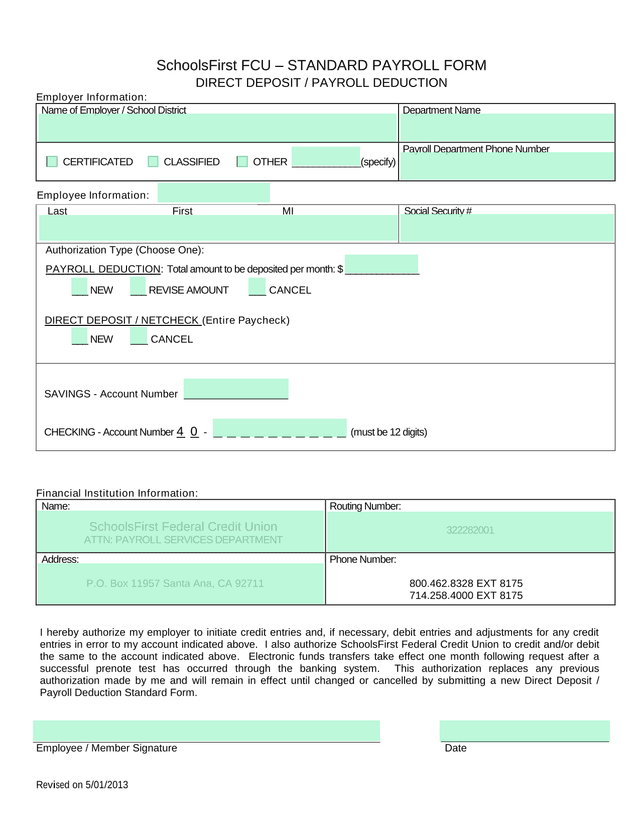 SchoolsFirst FCU  STANDARD PAYROLL FORM screenshot