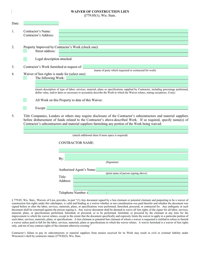Waiver Of Construction Lien screenshot