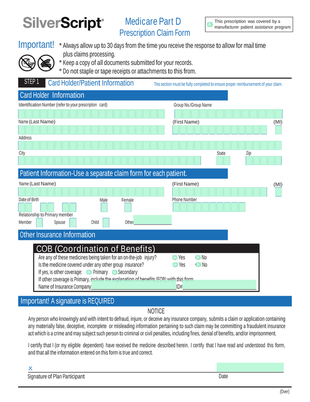 Prescription Claim Form screenshot