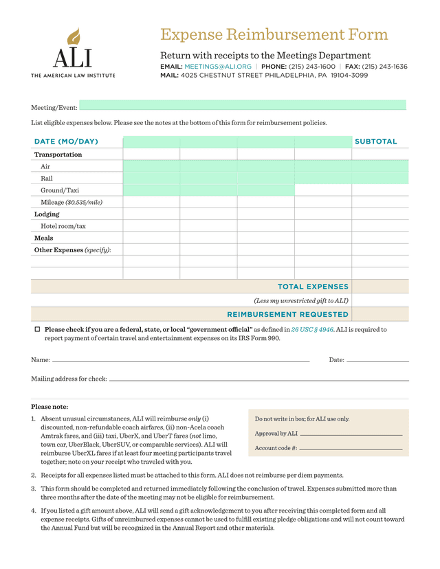 Expense Reimbursement Form screenshot