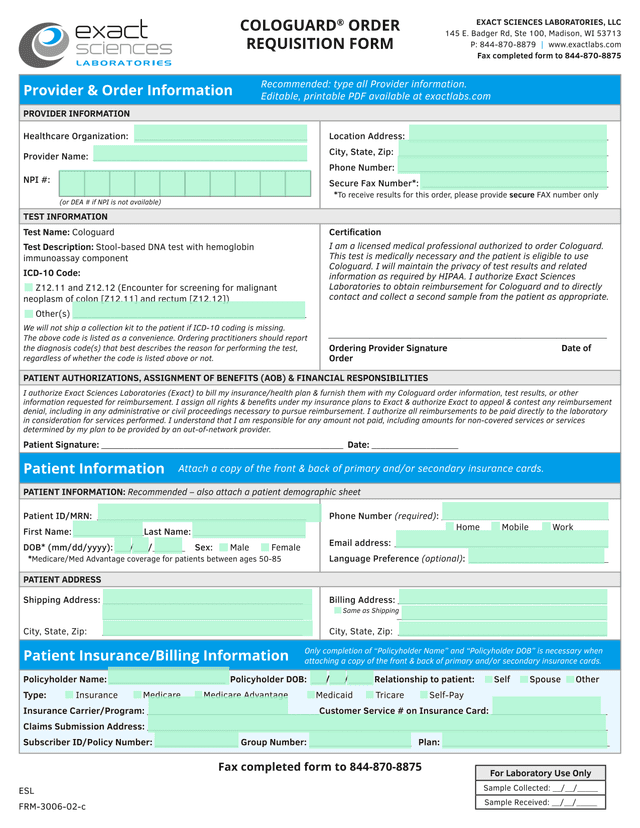 COLOGUARD ORDER REQUISITION FORM screenshot