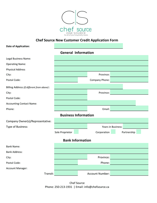 Chef Source New Customer Credit Application Form screenshot
