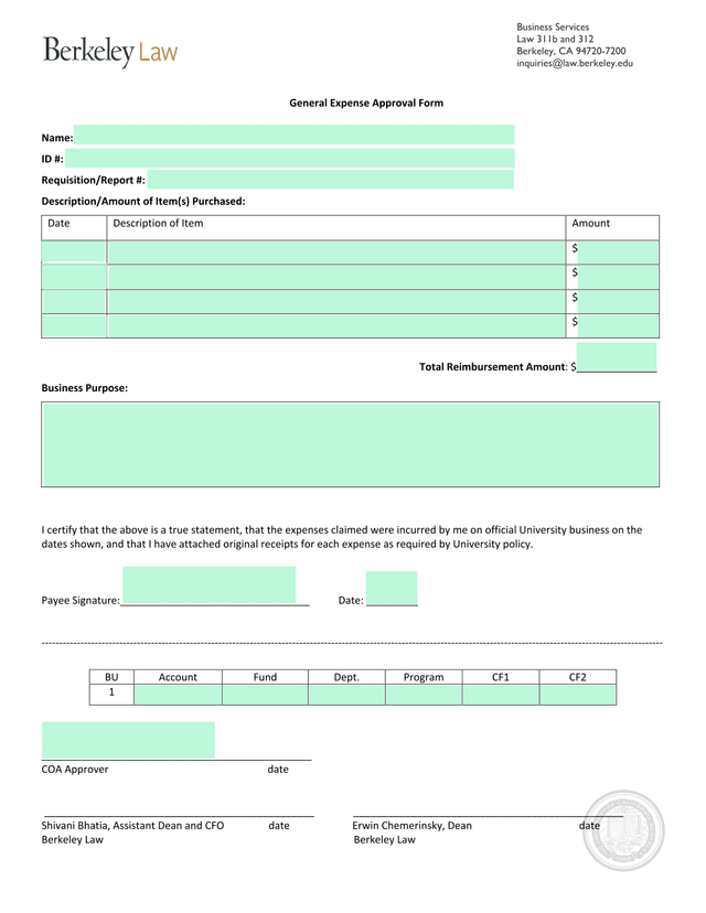 General Expense Approval Form screenshot