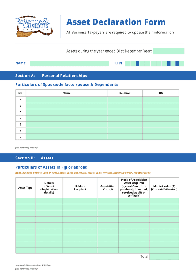 Asset Declaration Form screenshot