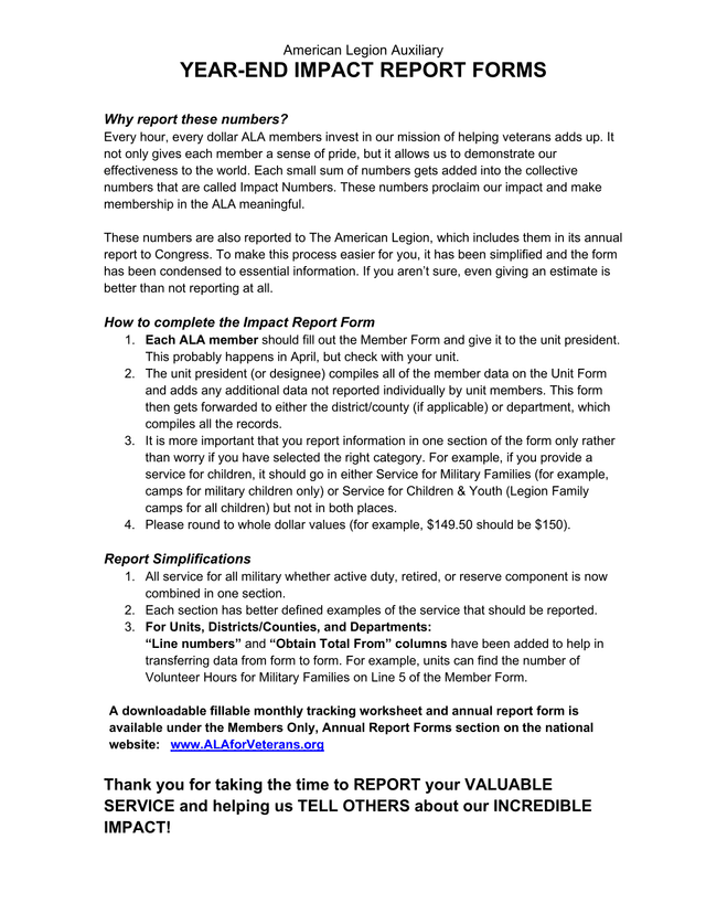 American Legion Auxiliary Year End Impact Report Forms screenshot