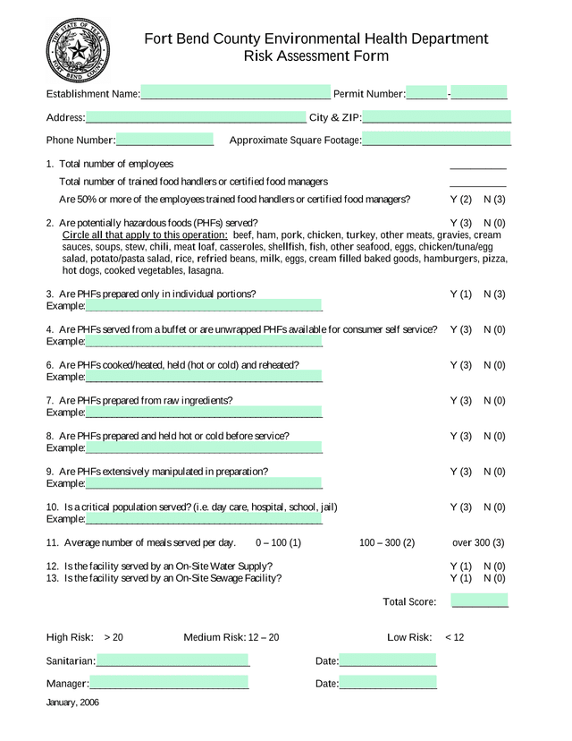Risk Assessment Form screenshot