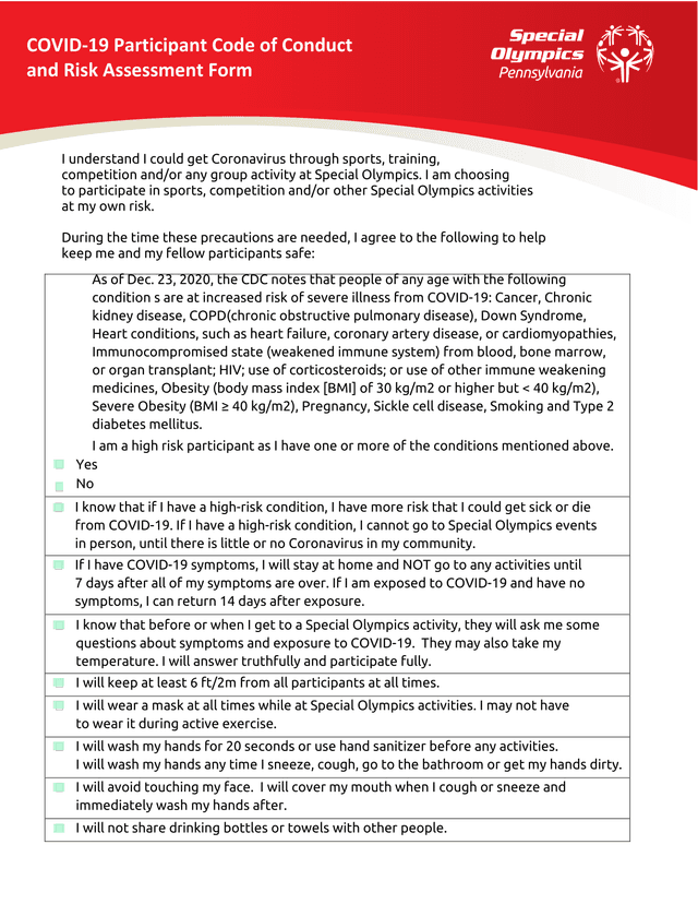 COVID 19 Participant Code Of Conduct And Risk Assessment Form screenshot