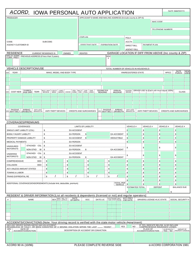 Iowa Personal Auto Application (ACORD 90 IA) screenshot