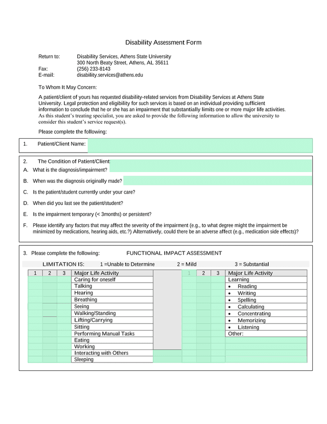 Disability Assessment Form screenshot