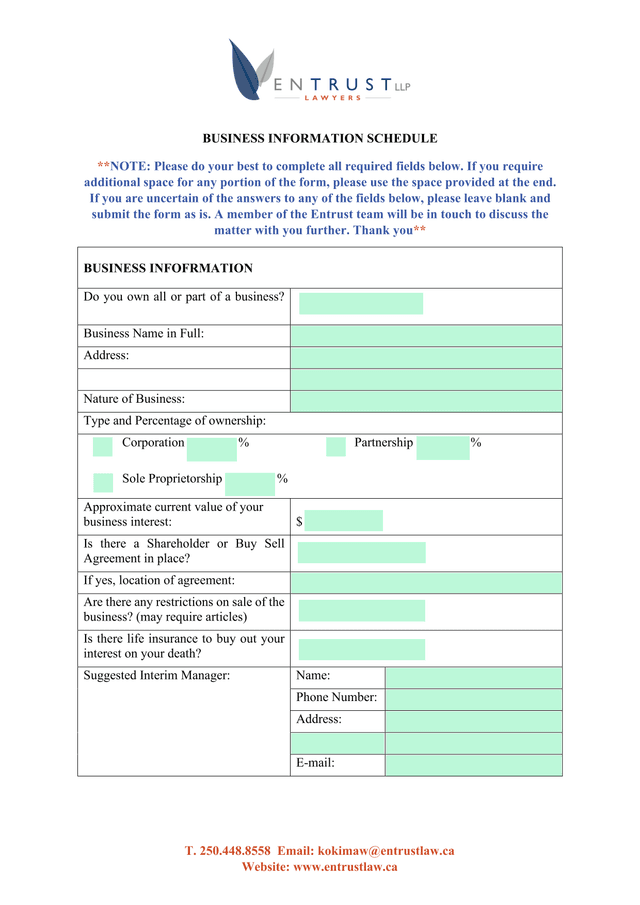 Business Information Schedule screenshot