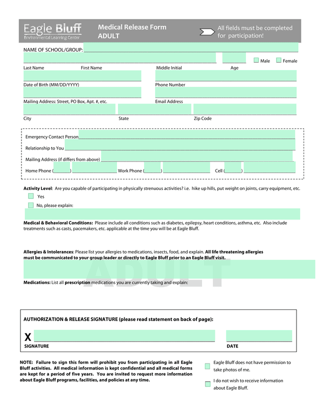 Medical Release Form screenshot