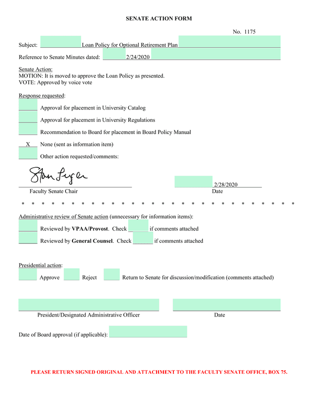 Senate Action Form No. 1175 screenshot
