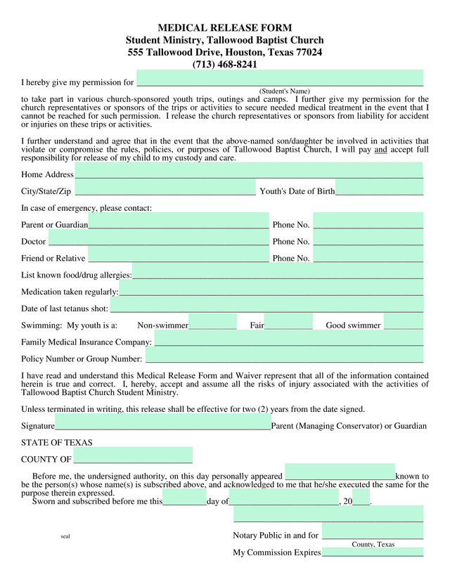 Medical Release Form screenshot