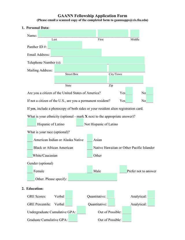 GAANN Fellowship Application Form screenshot