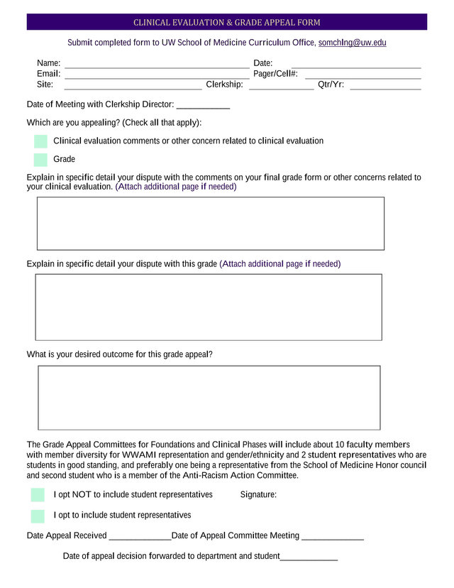 Clinical Evaluation  Grade Appeal Form screenshot