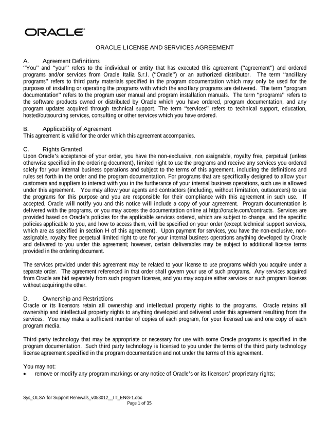 Oracle License And Services Agreement screenshot