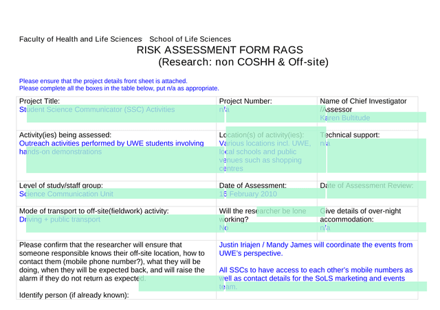 Risk Assessment Form RAGS (Research Non COSHH  Off Site) screenshot