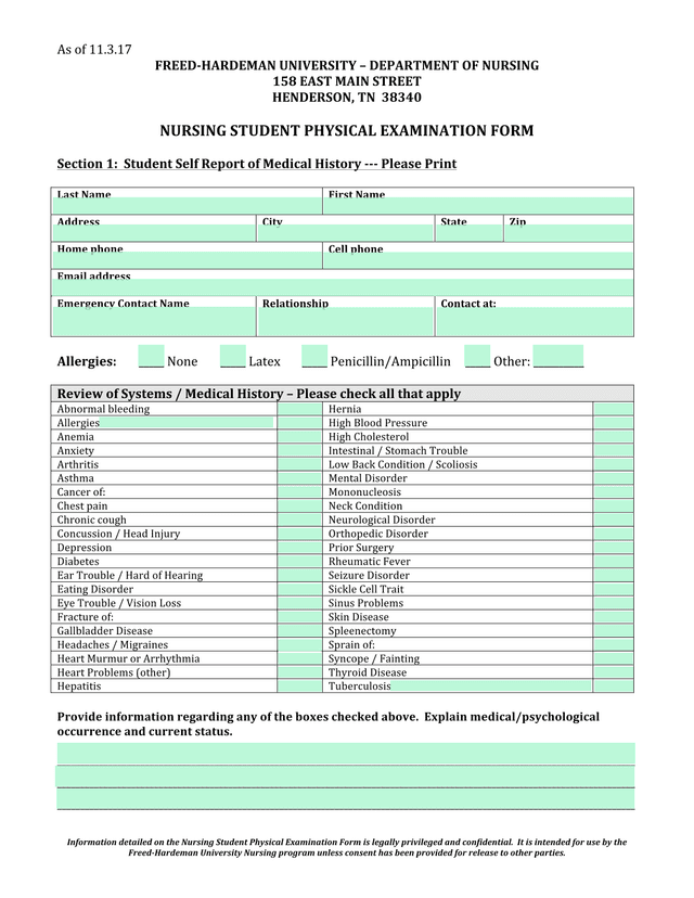 Nursing Student Physical Examination Form screenshot