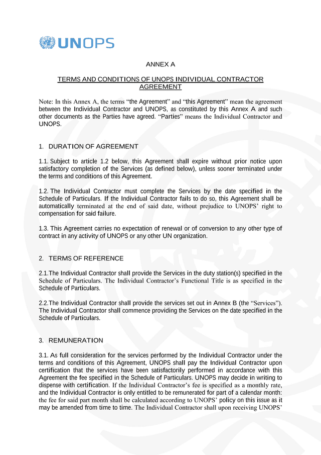 ANNEX A TERMS AND CONDITIONS OF UNOPS INDIVIDUAL CONTRACTOR AGREEMENT screenshot