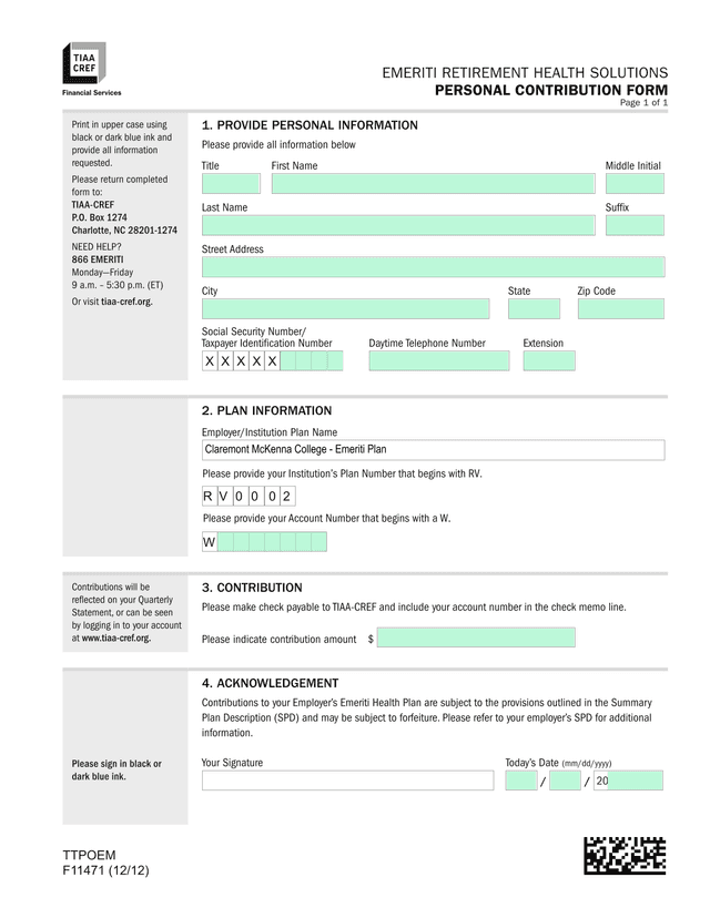 Emeriti Retirement Health Solutions Personal Contribution Form screenshot