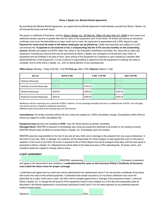 Stone X Spade, Inc. Blanket Rental Agreement screenshot