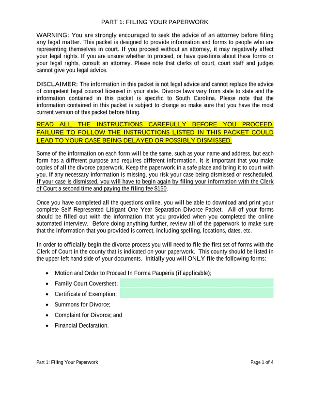 Self Represented Litigant One Year Separation Divorce Packet screenshot