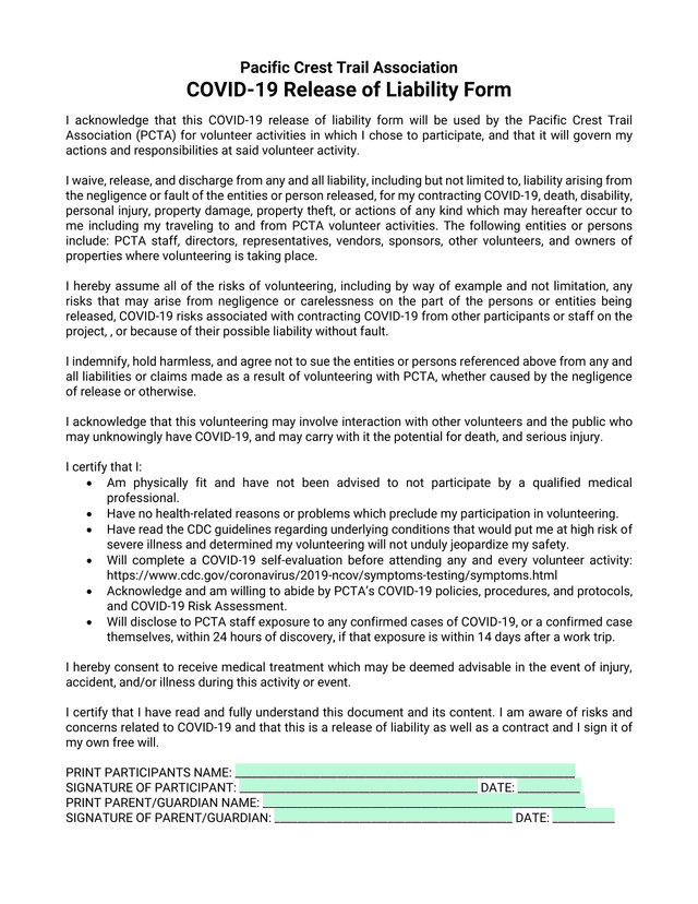 COVID 19 Release Of Liability Form screenshot