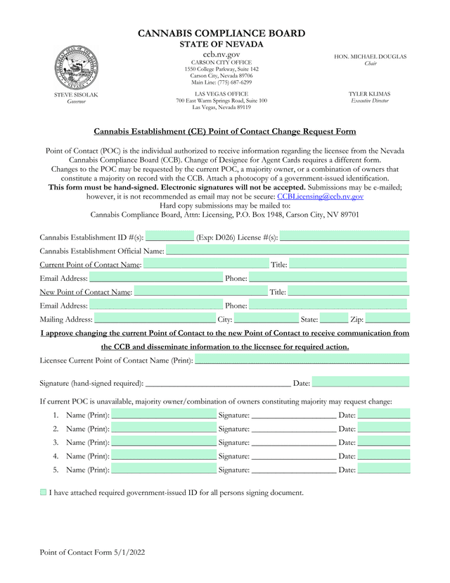 Cannabis Establishment (CE) Point Of Contact Change Request Form screenshot