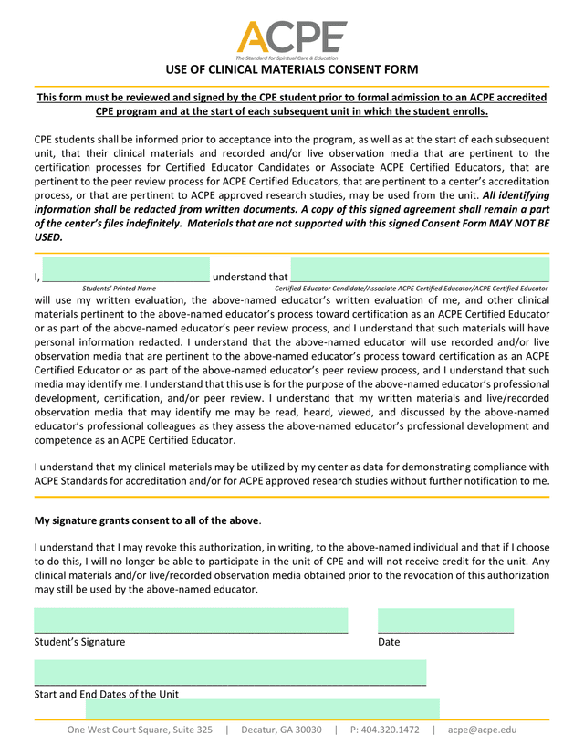 USE OF CLINICAL MATERIALS CONSENT FORM screenshot
