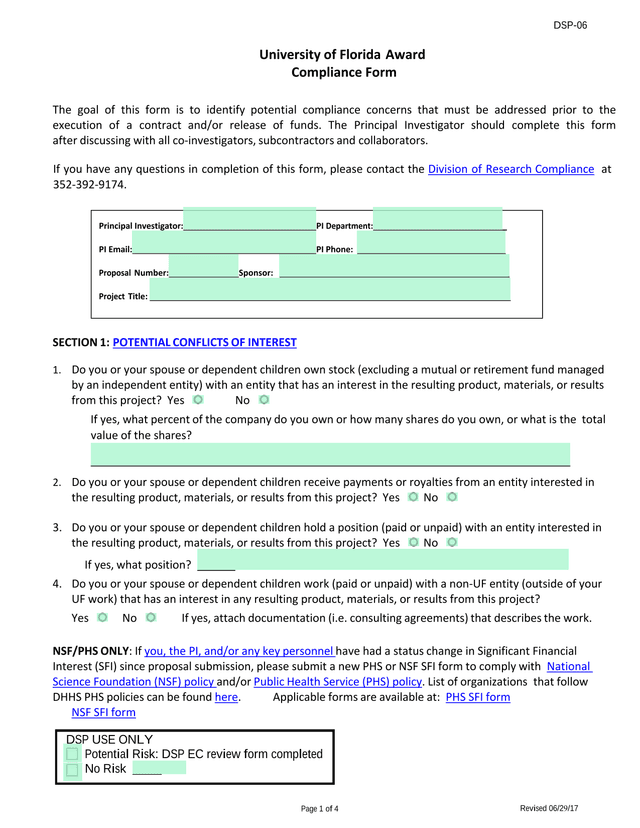 University Of Florida Award Compliance Form screenshot