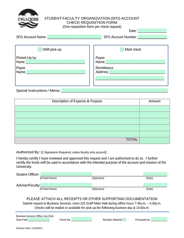 Student Faculty Organization (SFO) Account Check Requisition Form screenshot
