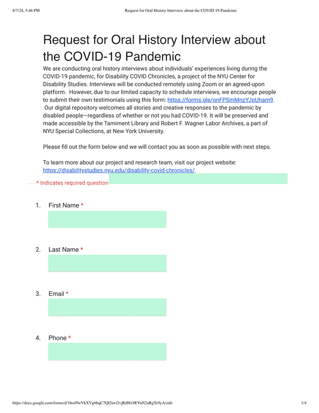Request For Oral History Interview About The COVID 19 Pandemic screenshot