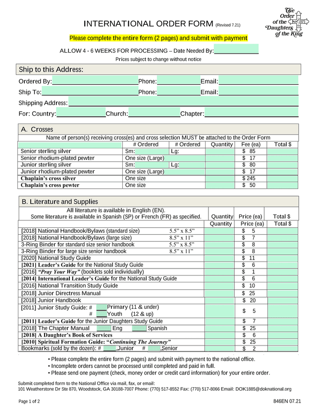 International Order Form screenshot