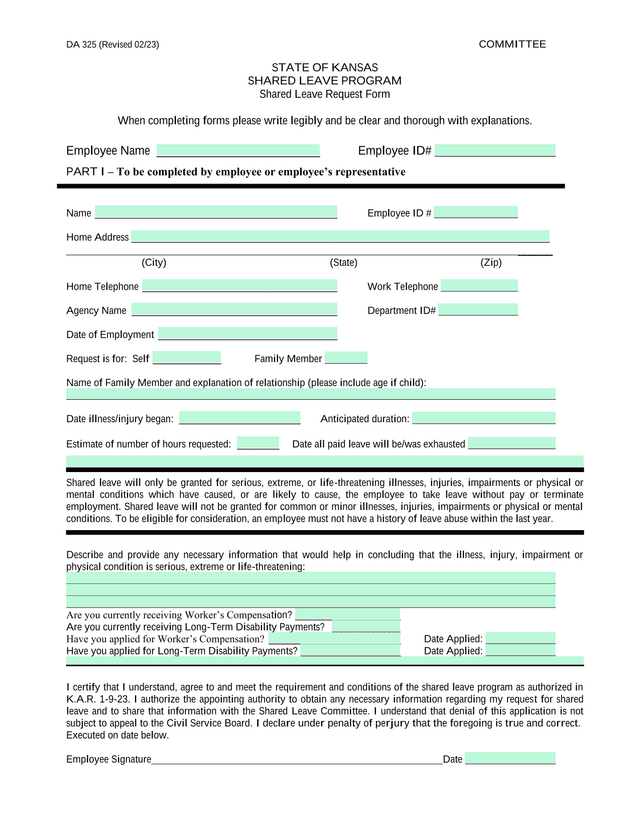 DA 325 Shared Leave Request Form screenshot