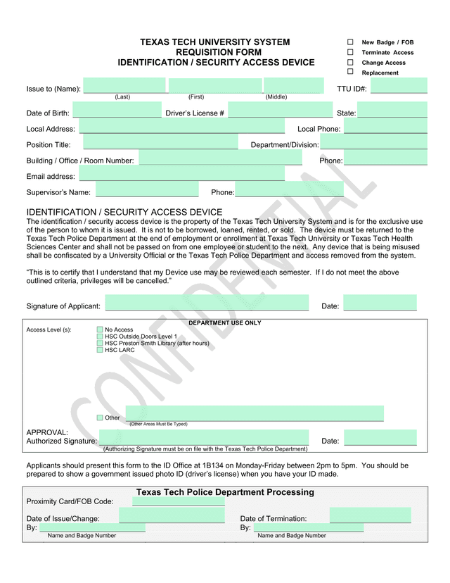 Texas Tech University System Requisition Form   Identification  Security Access Device screenshot