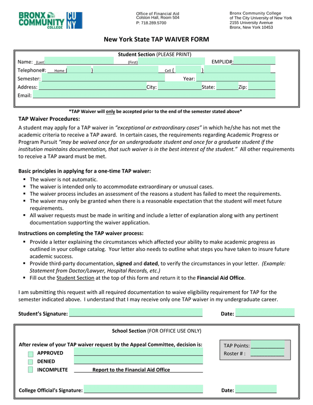 New York State TAP WAIVER FORM screenshot