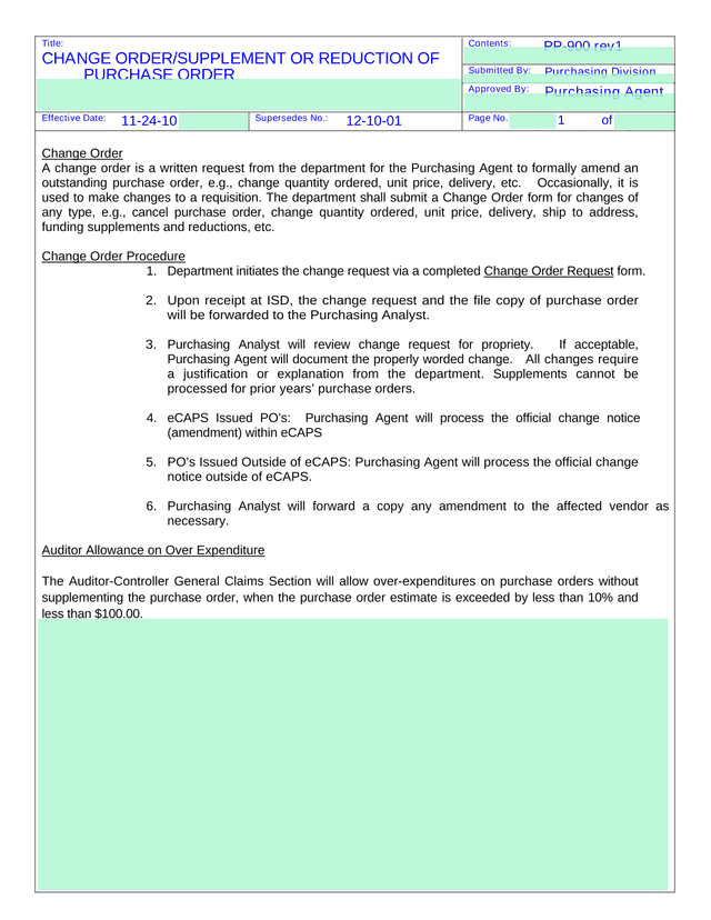 Change OrderSupplement Or Reduction Of Purchase Order screenshot