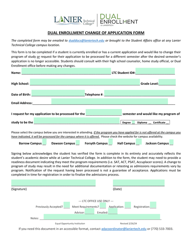 Dual Enrollment Change Of Application Form screenshot