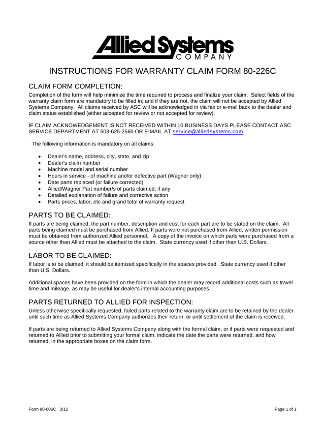 Form 80 006C Instructions For Warranty Claim Form 80 226C screenshot