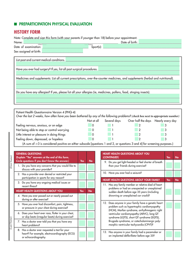 Preparticipation Physical Evaluation History Form screenshot
