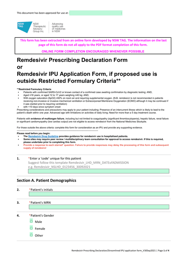 Remdesivir Prescribing DeclarationStreamlined IPU Application Form screenshot