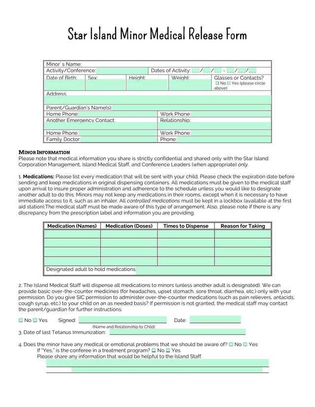 Star Island Minor Medical Release Form screenshot